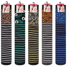 Soxy Ladies Design Wellington Boot Socks - 5 Pack - Women's Welly Socks - Festival Walking Hiking Thermal Socks - Animal Skin Stripe Designs - UK Shoe Size 4-6