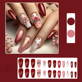 Valentine's Day Press on Nails Long Coffin False Nails with Romantic Rose Flower Heart DesignsValentines False Nails Pink Red Glossy Glue on Nails for Women Girls Valentines Day Nails Decoration 24Pcs