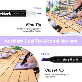 AnyMark 48 Colors Alcohol Markers Set, Professional Coloring Markers with Carry Bag for Adults Kids Artist, Chisel & Fine Dual Tips for Drawing