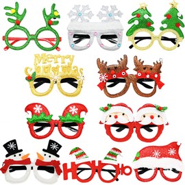 10Pcs Christmas Glasses, Glitter Xmas Santa Eyeglasses Frame for Kids Adults Christmas Party Favor Holiday Gift Photo Props Decor Accessories