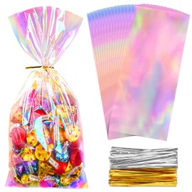 Ohuimrt 100 PCS Iridescent Cellophane Treat Bags, 5 x 11 Inches Holographic Goodie Bags with Twist Ties Plastic Party Favor Bags for Small Gifts, Candies, Cookies, Snacks