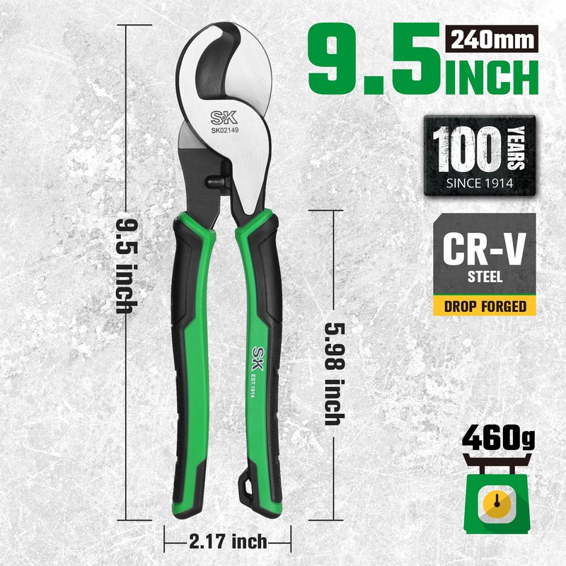 SK 9.5-Inch Cable Cutter, Heavy-Duty Wire Cutter, High Leverage Cable