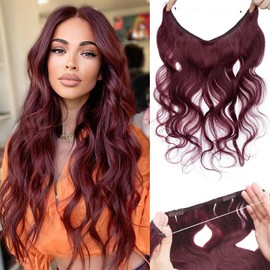 Benehair Miracle Wire Hair Extension for Women Real Human Hair Wavy Hairpieces with Invisible Secret Wire Adjustable Wire Replacement Wine Red Hair Extension for Thinning Hair #99J 22inch