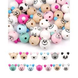 WINKIO Wooden Beads with Face, Pack of 36, Round 25 mm Wooden Beads, Animal Heads, Natural Wooden Balls with Cute Animal Faces, Beads with Face for Macrame Accessories, Key Ring, Bracelet, Necklace