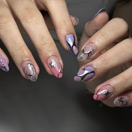 Press on Nails Short Almond MABKJLF French Tip Fake Nails False Nails with Designs Y2K Silver Swirl Stars Full Cover Glossy Glue on Nails Acrylic Nails for Women Girls 24 Pcs