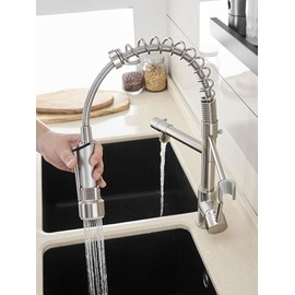 OWOFAN Kitchen Sink Faucet with Pull Down Sprayer, Contemporary Stainless Steel Single Handle Spring Kitchen Faucets Two Outlet with Deck Plate Brushed Nickel