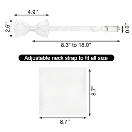 Cretty-Meet Adjustable Bowtie and Pocket Square Set Men Bowtie and Handkerchief Solid Color Double Fold Pre-Tied Bow Tie for Dinners, Weddings, Parties, Business, Proms - White