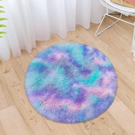 ATRUG Purple Rainbow Round Rug Furry Circle Rug for Teen's Room Thick Plush Bedside Area Rug Mermaid Fluffy Plush Shaggy Carpet for Baby Nursery Living Room Playroom Home Decor Princess Castle 3x3 ft