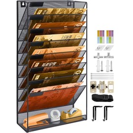 PLSOPPKG 9 Tier Mesh Hanging Wall File Organizer Vertical Wall Mount Paper Organization, Wall Mounted File Holder Paper Folder Rack for Office School Home, Nametag Label Set Included
