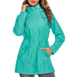 Kikibell Lightweight Raincoat for Women with Hood Windbreaker Waterproof Trench Coats for Women Fall Mint Blue M