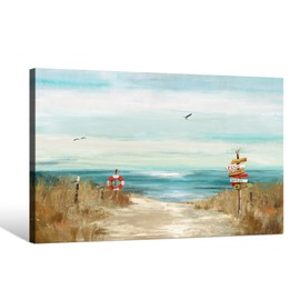Beach Scene Canvas Wall Art Blue Ocean Seascape Painting Picture Artwork Abstract Nautical Print Modern Seascape Coastal Artwork Decor for Living Room Bathroom Bedroom