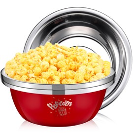Skybooly 3 Pcs Popcorn Bowls 3.4 Qt Stainless Steel Mixing Bowl Metal Bowl Stainless Steel Bowls Large Reusable Popcorn Serving Bowl for Home Movie Kitchen (Red)