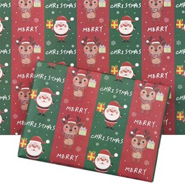 Christmas Wrapping Paper, Santa and Deer in Red and Green Vertical Stripes, 4 Sheets 50 x 70 cm per Sheet, Christmas Wrapping Paper for Family, Friends, Children