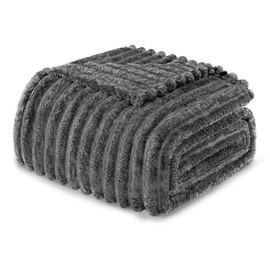 Exclusivo Mezcla Queen Size Flannel Fleece Blanket, Super Soft 3D Striped Jacquard Bed Blanket, Lightweight Fuzzy Cozy Blankets for All Seasons, 90x90 Inches, Dark Grey Blanket
