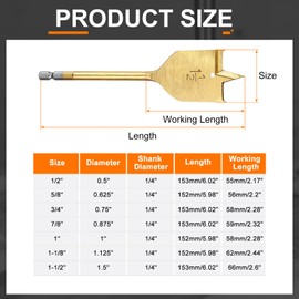 sourcing map 7Pcs Spade Drill Bit Paddle Flat Bits Set Wood Hole Cutter with Quick Change 1/4 Inch Hex Shank for Woodworking Fiberglass, Gold Tone