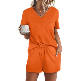 RUBZOOF Pajamas for Women Short Sleeve Casual Summer V Neck 2 Piece Pjs Sets Loose Fit Soft Sleepwear Orange L