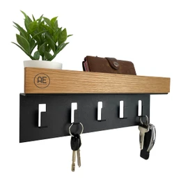 AE GÜNTHER® Wooden Key Holder, Key Holder, Black Steel, Oak Key Holder, Key Organiser with Shelf, Key Holder, Wall Organiser, Key Rack