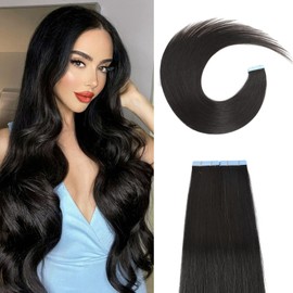 Tape in Hair Extensions Human Hair 10 Inch #1B Natural Black Pu Straight Hair 20 Pieces/Pack 40g Seamless Skin Weft Human Hair Extensions Tape in for Black Women (10Inch,Natural Black,40g)