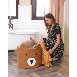 Bear Basket, Animal Basket, Large Cotton Rope Basket, Large Storage Basket, Woven Laundry Hamper, Cloth Storage Bin, for Clothes in Bedroom (Orange Brown, 18"x15")