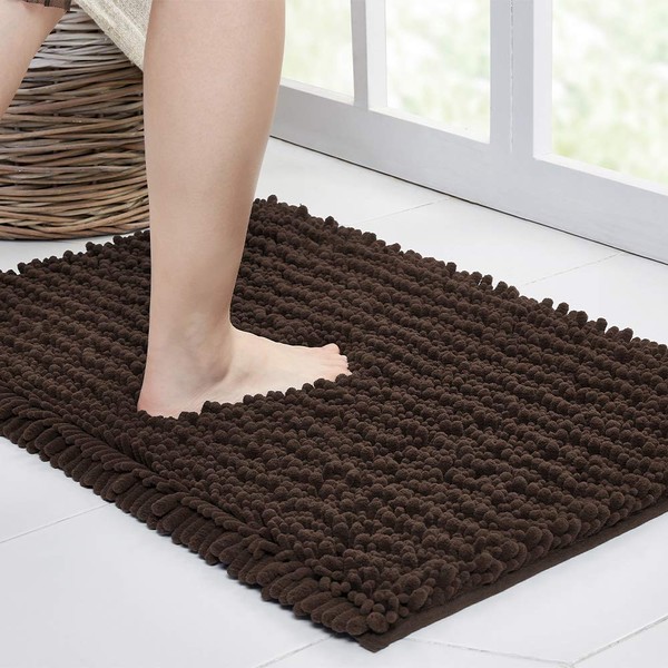 Walensee Bathroom Rug Non Slip Bath Mat (24x17 Inch Brown) Water Absorbent Super Soft Shaggy Chenille Machine Washable Dry Extra Thick Perfect Absorbant Best Small Plush Carpet for Shower Floor