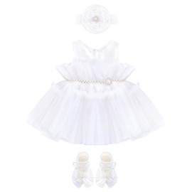 Lilax Baby Girl Tulle Princess Tutu Wedding Dress 3 Piece Set with Matching Shoe and Headband 6-9 Months White