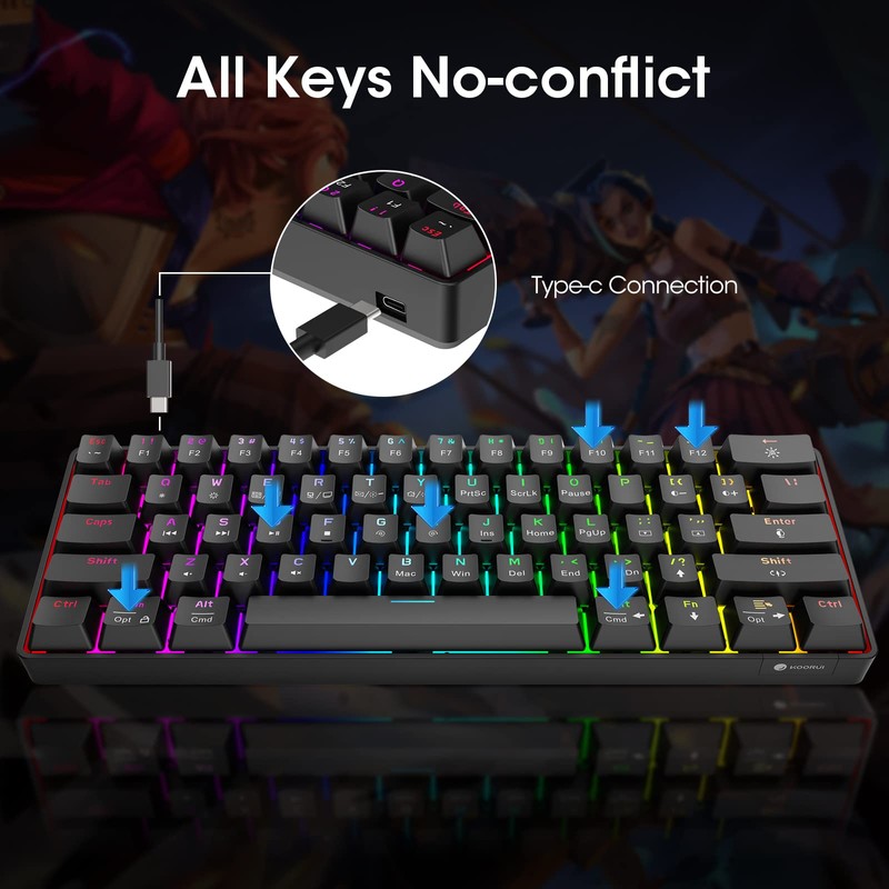 KOORUI 60% Gaming Keyboards, 61 Keys Wired Ultra-Compact Mechanical Keyboard