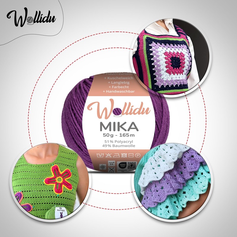 Wollidu Mika Knitting and Crochet Yarn, 51% Polyacrylic, 49% Cotton,