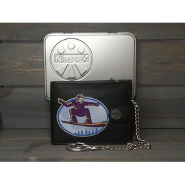Klassek Snowboarder in Circle Snow Boarding Down Slope Wintersports Sking Mens Wallet with Chain Real Leather RFID Blocking with Coin Pocket and Metal Gift Box