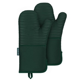 Beneno Oven Mitts, Heat Resistant Kitchen Oven Mitts with Non-Slip Silicone Stripes, Long 14.3" Cuff with Wide Opening Design, Quilted Cotton Terry Lining Comfortable & Flexible to Use, 2Pcs Green