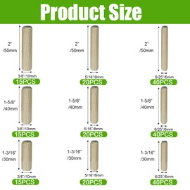 225pcs 6/25" 5/16" 3/8" Wooden Dowel Pins, Wood Plugs Wooden Dowels Rods Grooved Wood Pins for Crafts Furniture Cabinets Model Making (6mm 8mm 10mm)