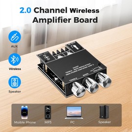 XRLUC Bluetooth Amplifier Board, 2.0 Channel 50W+50W Power Amp Board with Treble and Bass Control, DC 9-24V, Bluetooth and AUX Inputs, Audio Amp Board for Home DIY Wireless Speakers