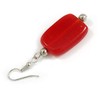 Red Glass Square Drop Earrings with Silver Tone Closure -
