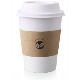 KTOB [50 pack] 12 oz Compostable Coffee Cups with Lids and Kraft Sleeves, Eco Friendly Disposable White Paper Cups Combo for Hot Beverage