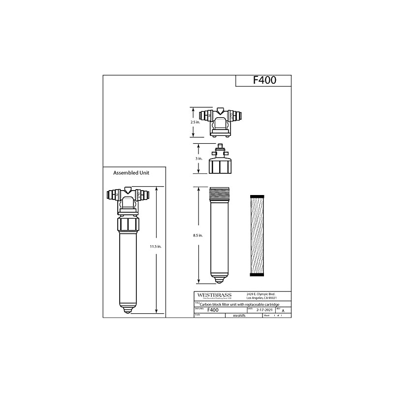 Westbrass AF400 Under Sink in-line Filter Unit and Cartridge for