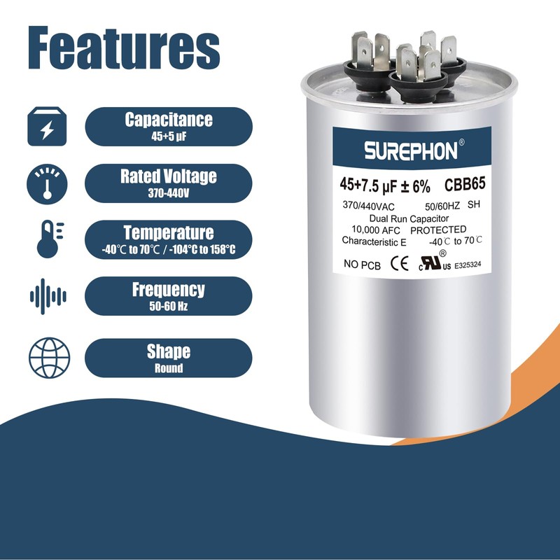 SUREPHON 45+7.5 uF 45/7.5 MFD ±6% 370V/440V Dual Run Circular