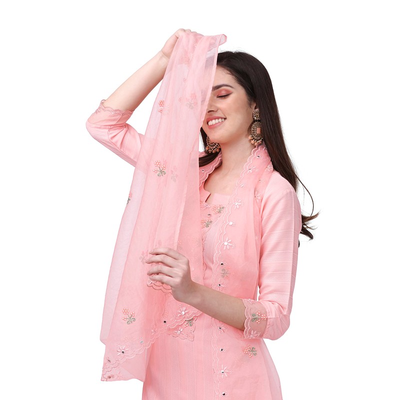 TRENDMALLS Women's Cotton Embroidery Kurta Pant Suit Set (TM.G103-LightPink-XL)