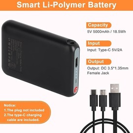 Amiable 5V 5000mAh Li-Polymer Rechargeable Batteries, 3.5mm Female DC Jack, Batteries for Heated Gloves Heated Slippers,Heated Sock Battery