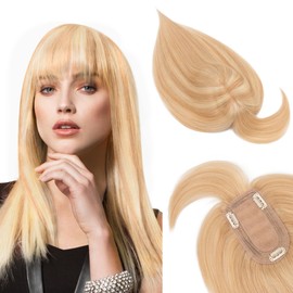 SEGOHAIR Hair Toppers for Women Real Human Hair With Bangs 7 * 13 CM Silk Base Clip In Wiglet Top Pieces-18 Inch Ash Blonde&Bleach Blonde