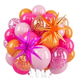 Pink and Orange Balloons Set, 12inch Pink Orange Confetti Balloons With Star Balloons For Birthday, Baby Shower, Graduation, Anniversary, Wedding, Summer, Tropical Party Decorations