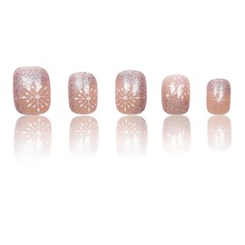 24 Pcs Snowflake Press on Nails Short Fake Nails with Snowflake Glue on Nails Xmas Glitter False Nails Cute Acrylic Stick on Nails Full Cover Holiday Christmas Square Nails for Women Nail Decoration