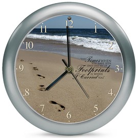 Mark Feldstein & Associates Footprints in The Sand Inspirational Silver Tone 8 inch Three Hymn Sound Clock