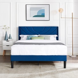 VECELO Queen Size Bed Frame Upholstered Platform with Wave Fabric Headboard,Wooden Slats Support/No Box Spring Needed/Mattress Foundation/Easy Assembly,Dark Blue