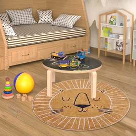 Short Pile Round Rug Diameter 60 cm Brown Yellow Little Lion Head Pattern Children's Room Modern Super Soft Small Rugs Mat Children's Rug Children's Room Rug
