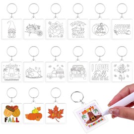 XEQWZVFR 60Pcs Thanksgiving Keychains Crafts Color Your Own Thanksgiving Keyring DIY Acrylic Keychains Bulk Turkey Pumpkin Acorn Paper Crafts Gifts Kit for Sunday School Classroom Home Party Favors