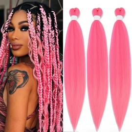 Roalnce Trenzado De Cabello Pre Estirado Para Mujeres Extensiones De Cabello Caja Trenzas Sintético Suave Sin Nudo Textura Yaki Trenza De Ajuste De Agua Caliente Rosa Fuerte (24 Pulgadas, 3 Paquetes)