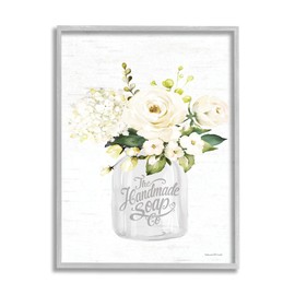 Stupell Industries Handmade Soap Co. Farmhouse White Florals Country Bouquet, Designed by Lettered and Lined Gray Framed Wall Art, 11 x 14, Pink