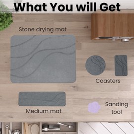 Stone Dish Drying Mat For Kitchen Counter With Diatomite Sink Tray Set - Quick Dry, Fast Water Abosrbing, Diatomaceous Earth - Multi-Purpose Stone Drying Mat For Dishes, Cups, Bottles - (15" x 15")