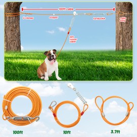 MOTZABO 100FT Dog Tie Out Cable with 10FT Trolley Run Leash for Yard, Heavy Duty Pet Runner Cable Lead Leash for Small Medium Large Dogs Camping, Training, Hiking, Outdoor