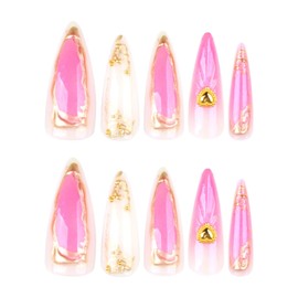 Press on Nails Long Almond Fake Nails with 3D Design Gold Glue on Nails Heart Stick on Nails Glossy Reusable Artificial Acrylic Full Cover False Nails for Women Manicure 24 Pcs (Gold-31, Nails-31)
