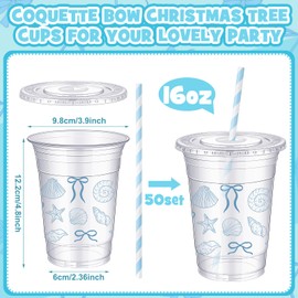 Sliner 50 Pcs 16 oz Coquette Disposable Plastic Cups with Straw for Party Supplies Bow Cups Birthday Wedding Bridal Engagement Party Drinkware Baby Shower Decoration (Blue Bow Starfish and Seashell)